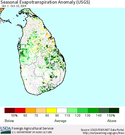 Sri Lanka Seasonal Actual Evapotranspiration Anomaly (USGS) Thematic Map For 10/1/2019 - 10/10/2019