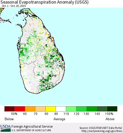 Sri Lanka Seasonal Evapotranspiration Anomaly (USGS) Thematic Map For 10/1/2019 - 10/20/2019