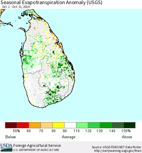 Sri Lanka Seasonal Actual Evapotranspiration Anomaly (USGS) Thematic Map For 10/1/2019 - 10/31/2019