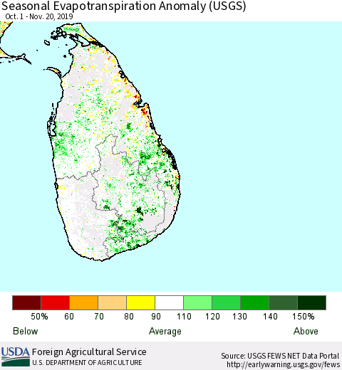 Sri Lanka Seasonal Actual Evapotranspiration Anomaly (USGS) Thematic Map For 10/1/2019 - 11/20/2019