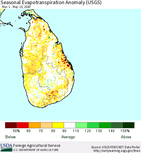 Sri Lanka Seasonal Actual Evapotranspiration Anomaly (USGS) Thematic Map For 5/1/2020 - 5/10/2020