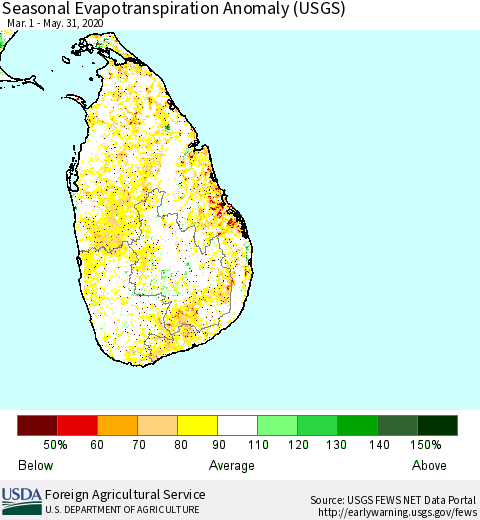 Sri Lanka Seasonal Actual Evapotranspiration Anomaly (USGS) Thematic Map For 5/1/2020 - 5/31/2020
