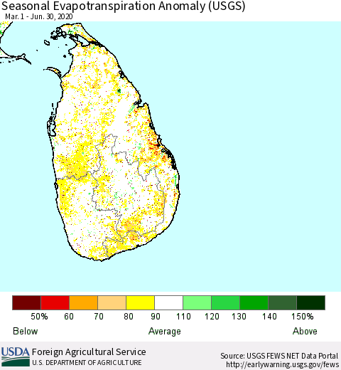 Sri Lanka Seasonal Evapotranspiration Anomaly (USGS) Thematic Map For 5/1/2020 - 6/30/2020
