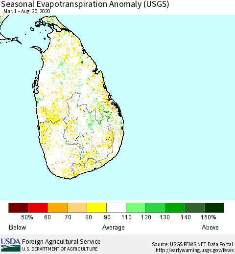 Sri Lanka Seasonal Actual Evapotranspiration Anomaly (USGS) Thematic Map For 5/1/2020 - 8/20/2020