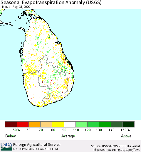 Sri Lanka Seasonal Evapotranspiration Anomaly (USGS) Thematic Map For 5/1/2020 - 8/31/2020