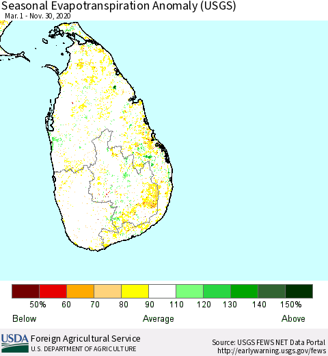 Sri Lanka Seasonal Actual Evapotranspiration Anomaly (USGS) Thematic Map For 5/1/2020 - 11/30/2020