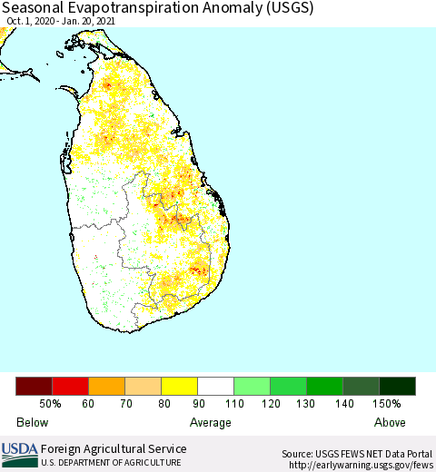 Sri Lanka Seasonal Actual Evapotranspiration Anomaly (USGS) Thematic Map For 10/1/2020 - 1/20/2021