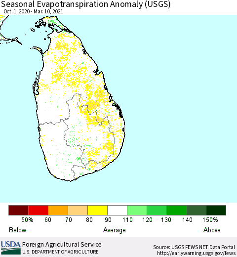 Sri Lanka Seasonal Actual Evapotranspiration Anomaly (USGS) Thematic Map For 10/1/2020 - 3/10/2021