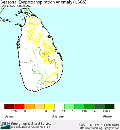Sri Lanka Seasonal Actual Evapotranspiration Anomaly (USGS) Thematic Map For 10/1/2020 - 4/10/2021