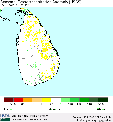 Sri Lanka Seasonal Evapotranspiration Anomaly (USGS) Thematic Map For 10/1/2020 - 4/20/2021