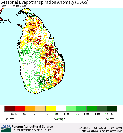 Sri Lanka Seasonal Evapotranspiration Anomaly (USGS) Thematic Map For 10/1/2020 - 10/10/2020