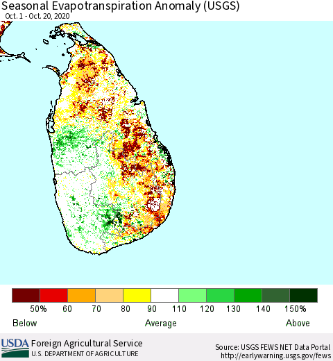 Sri Lanka Seasonal Evapotranspiration Anomaly (USGS) Thematic Map For 10/1/2020 - 10/20/2020