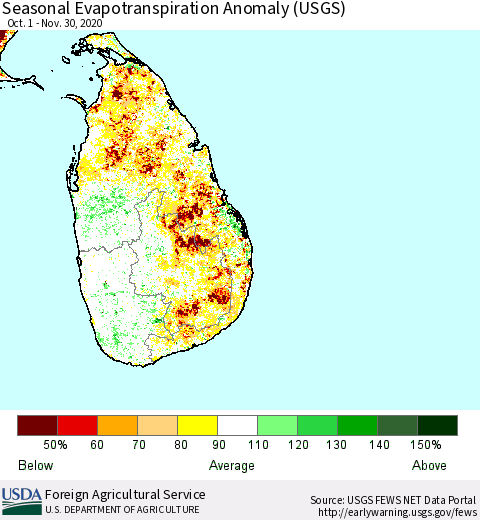 Sri Lanka Seasonal Evapotranspiration Anomaly (USGS) Thematic Map For 10/1/2020 - 11/30/2020