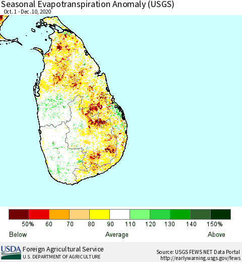 Sri Lanka Seasonal Evapotranspiration Anomaly (USGS) Thematic Map For 10/1/2020 - 12/10/2020