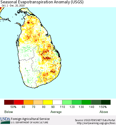 Sri Lanka Seasonal Actual Evapotranspiration Anomaly (USGS) Thematic Map For 10/1/2020 - 12/20/2020