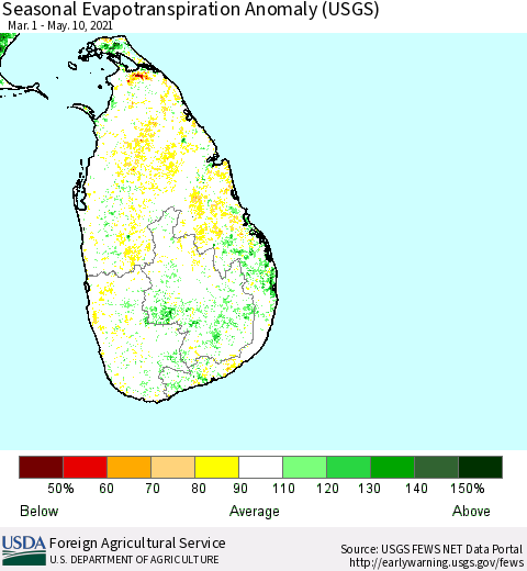 Sri Lanka Seasonal Actual Evapotranspiration Anomaly (USGS) Thematic Map For 5/1/2021 - 5/10/2021