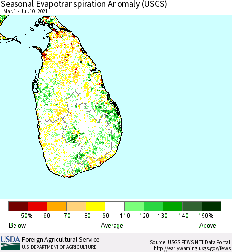 Sri Lanka Seasonal Actual Evapotranspiration Anomaly (USGS) Thematic Map For 5/1/2021 - 7/10/2021