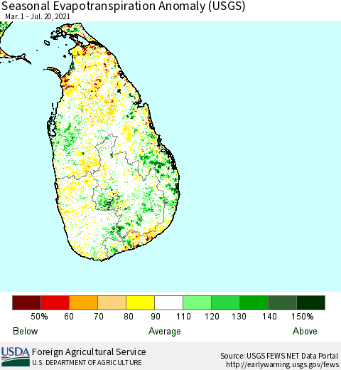 Sri Lanka Seasonal Actual Evapotranspiration Anomaly (USGS) Thematic Map For 5/1/2021 - 7/20/2021