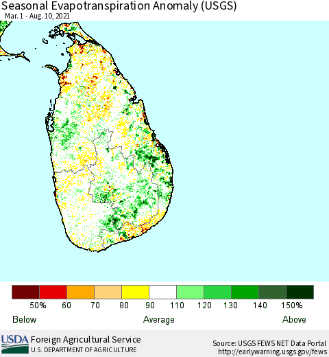 Sri Lanka Seasonal Actual Evapotranspiration Anomaly (USGS) Thematic Map For 5/1/2021 - 8/10/2021