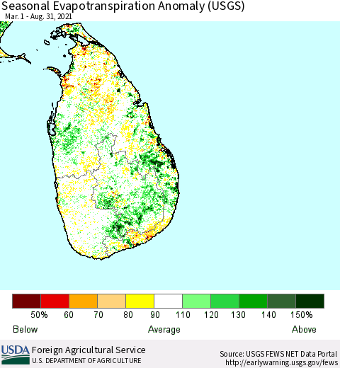 Sri Lanka Seasonal Actual Evapotranspiration Anomaly (USGS) Thematic Map For 5/1/2021 - 8/31/2021