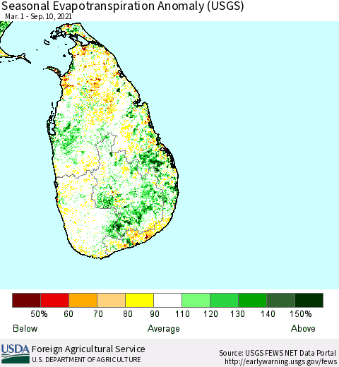 Sri Lanka Seasonal Actual Evapotranspiration Anomaly (USGS) Thematic Map For 5/1/2021 - 9/10/2021