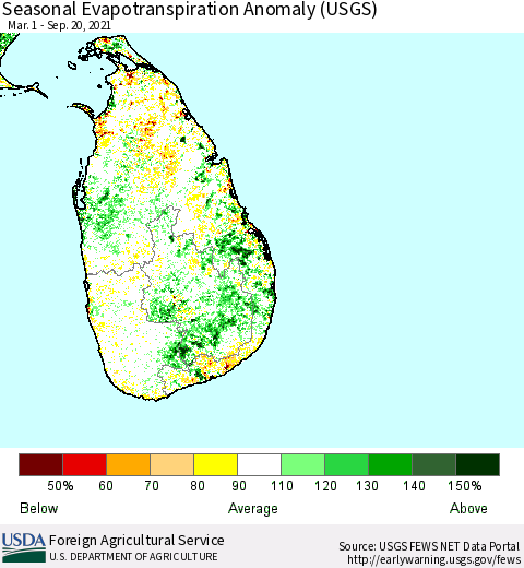 Sri Lanka Seasonal Actual Evapotranspiration Anomaly (USGS) Thematic Map For 5/1/2021 - 9/20/2021