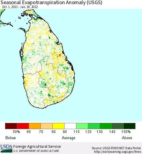 Sri Lanka Seasonal Actual Evapotranspiration Anomaly (USGS) Thematic Map For 10/1/2021 - 1/20/2022