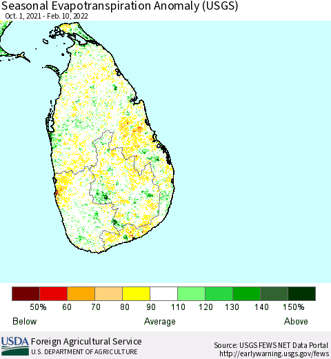 Sri Lanka Seasonal Actual Evapotranspiration Anomaly (USGS) Thematic Map For 10/1/2021 - 2/10/2022