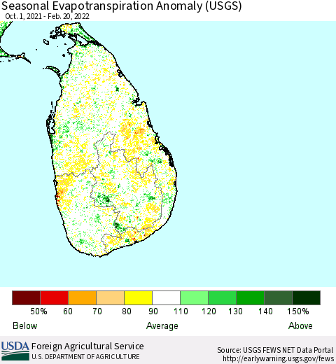 Sri Lanka Seasonal Actual Evapotranspiration Anomaly (USGS) Thematic Map For 10/1/2021 - 2/20/2022
