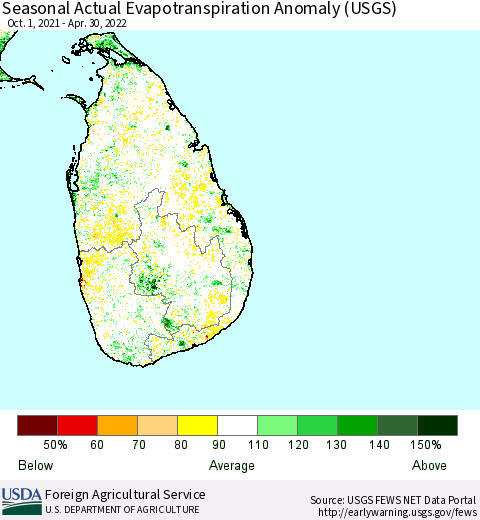 Sri Lanka Seasonal Actual Evapotranspiration Anomaly (USGS) Thematic Map For 10/1/2021 - 4/30/2022