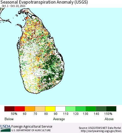 Sri Lanka Seasonal Evapotranspiration Anomaly (USGS) Thematic Map For 10/1/2021 - 10/10/2021