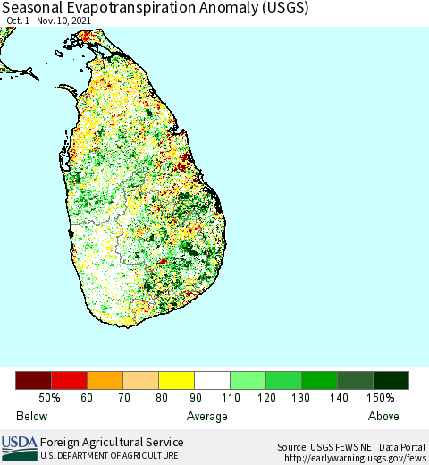 Sri Lanka Seasonal Evapotranspiration Anomaly (USGS) Thematic Map For 10/1/2021 - 11/10/2021