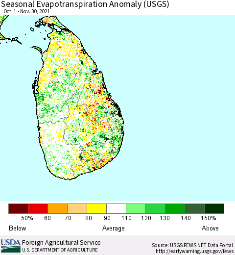 Sri Lanka Seasonal Evapotranspiration Anomaly (USGS) Thematic Map For 10/1/2021 - 11/30/2021