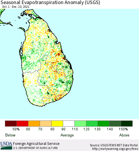 Sri Lanka Seasonal Actual Evapotranspiration Anomaly (USGS) Thematic Map For 10/1/2021 - 12/10/2021