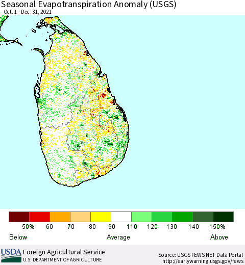 Sri Lanka Seasonal Actual Evapotranspiration Anomaly (USGS) Thematic Map For 10/1/2021 - 12/31/2021