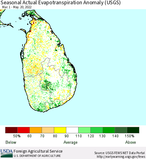 Sri Lanka Seasonal Actual Evapotranspiration Anomaly (USGS) Thematic Map For 5/1/2022 - 5/20/2022