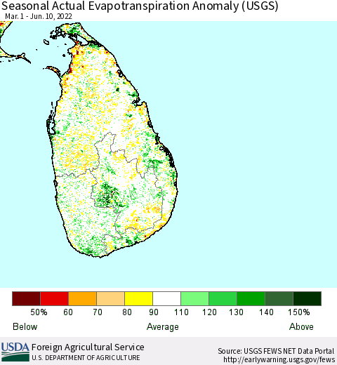 Sri Lanka Seasonal Actual Evapotranspiration Anomaly (USGS) Thematic Map For 5/1/2022 - 6/10/2022