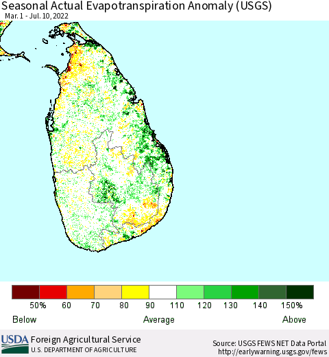 Sri Lanka Seasonal Actual Evapotranspiration Anomaly (USGS) Thematic Map For 5/1/2022 - 7/10/2022