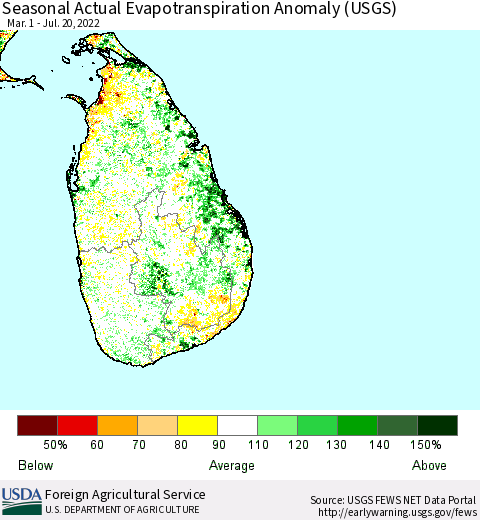 Sri Lanka Seasonal Actual Evapotranspiration Anomaly (USGS) Thematic Map For 5/1/2022 - 7/20/2022
