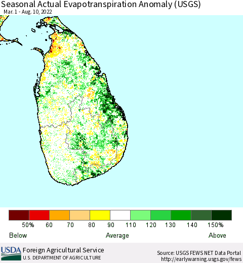 Sri Lanka Seasonal Actual Evapotranspiration Anomaly (USGS) Thematic Map For 5/1/2022 - 8/10/2022