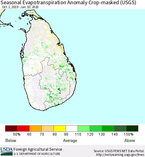 Sri Lanka Seasonal Actual Evapotranspiration Anomaly over Croplands (USGS) Thematic Map For 10/1/2019 - 1/10/2020