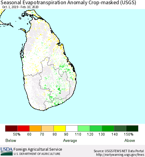 Sri Lanka Seasonal Actual Evapotranspiration Anomaly over Croplands (USGS) Thematic Map For 10/1/2019 - 2/10/2020
