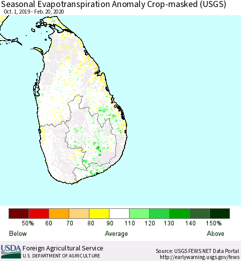 Sri Lanka Seasonal Actual Evapotranspiration Anomaly over Croplands (USGS) Thematic Map For 10/1/2019 - 2/20/2020