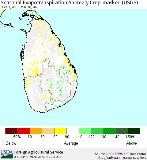 Sri Lanka Seasonal Actual Evapotranspiration Anomaly over Croplands (USGS) Thematic Map For 10/1/2019 - 3/10/2020