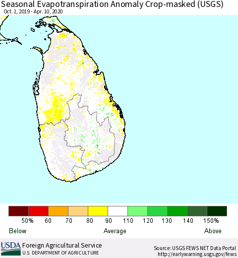 Sri Lanka Seasonal Actual Evapotranspiration Anomaly over Croplands (USGS) Thematic Map For 10/1/2019 - 4/10/2020