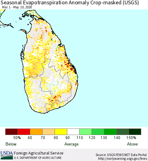 Sri Lanka Seasonal Actual Evapotranspiration Anomaly over Croplands (USGS) Thematic Map For 5/1/2020 - 5/10/2020
