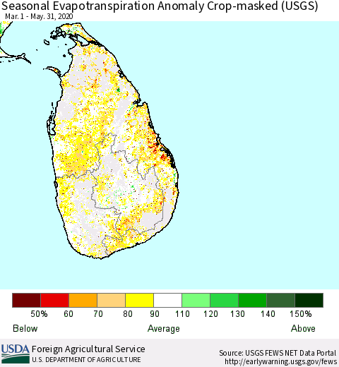Sri Lanka Seasonal Actual Evapotranspiration Anomaly over Croplands (USGS) Thematic Map For 5/1/2020 - 5/31/2020