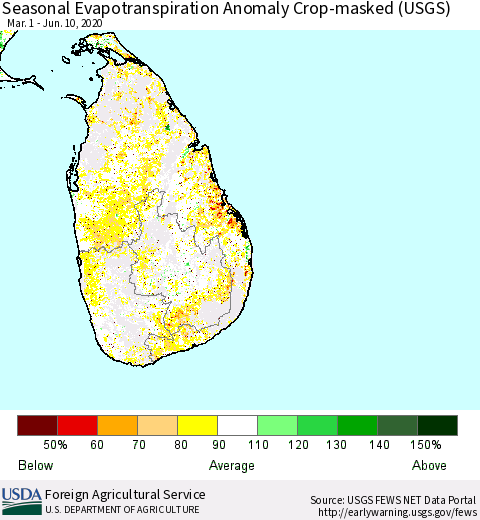 Sri Lanka Seasonal Actual Evapotranspiration Anomaly over Croplands (USGS) Thematic Map For 5/1/2020 - 6/10/2020