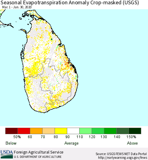 Sri Lanka Seasonal Actual Evapotranspiration Anomaly over Croplands (USGS) Thematic Map For 5/1/2020 - 6/30/2020
