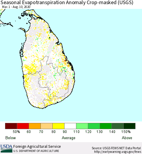 Sri Lanka Seasonal Actual Evapotranspiration Anomaly over Croplands (USGS) Thematic Map For 5/1/2020 - 8/10/2020